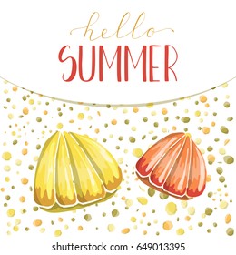 Hello Summer. Vector hand lettering typographic illustration. Could be used as print for T-shirt, banners, design of invitation or postcard.