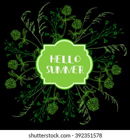 Hello summer. Vector Hand-draw template label/Background with hand-draw wild flowers and herbs. Layout, mockup design for cosmetics, store,beauty salon, spa, natural and organic products. 