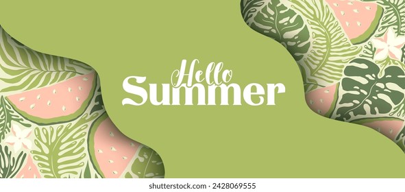 Hola ilustración vectorial de verano con patrón tropical abstracto aislado en fondo verde. Diseño para tarjeta, cartel, sitio web, publicidad, promoción, flyer, invitación, banner