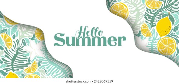 Hallo Sommer Vektor-Illustration mit abstrakten Pflanzen, exotischen Blumen und Zitronen Muster isoliert auf weißem Hintergrund. Design für Karte, Poster, Website, Werbung, Einladung, Banner