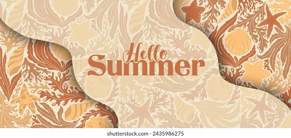 Hola ilustración vectorial de verano con plantas oceánicas abstractas, conchas marinas, estrellas de mar, patrón de corales aislados sobre fondo claro. Diseño para tarjeta, cartel, publicidad, invitación, banner