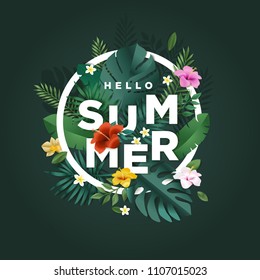 Hello summer vector illustration for background, mobile and social media banner, summertime card, party invitation template. Lettering summer concept with natural elements.