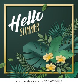 Hello summer vector illustration for background, mobile and social media banner, summertime card, party invitation template. Lettering summer concept with natural elements.