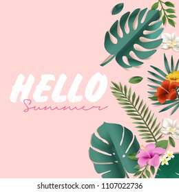 Hello summer vector illustration for background, mobile and social media banner, summertime card, party invitation template. Lettering summer concept with natural elements.