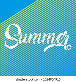 Hello Summer vector illustration, background. Hand drawn lettering enjoy the summer with bright background, pattern and geometric elements in memphis style.Abstract design card perfect for prints.
