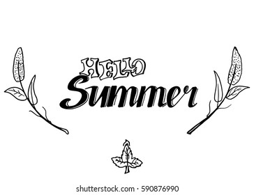 Hello Summer vector illustration, background. Fun quote vintage design logo or label. Hand lettering inspirational typography poster, banner.
