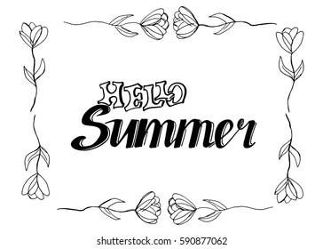 Hello Summer vector illustration, background. Fun quote vintage design logo or label. Hand lettering inspirational typography poster, banner.
