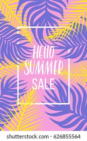 Hello Summer vector illustration, vector background. Calligraphy banner with tropical green leaves Hawaiian. Use for posters, covers, flyers, postcards, banner designs, travel