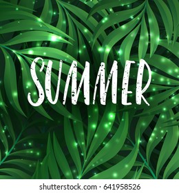 Hello Summer vector illustration, vector background. Calligraphy banner with tropical green leaves. Use for posters, covers, flyers, postcards, banner designs, travel. Forest fireflies
