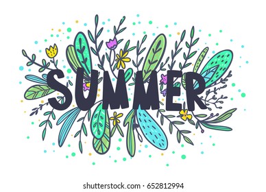Hello Summer vector illustration, vector background. Calligraphy banner with tropical green leaves. Use for posters, covers, flyers, postcards, banner designs, travel