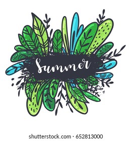 Hello Summer vector illustration, vector background. Calligraphy banner with tropical green leaves. Use for posters, covers, flyers, postcards, banner designs, travel