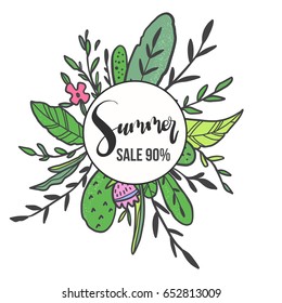 Hello Summer vector illustration, vector background. Calligraphy banner with tropical green leaves. Use for posters, covers, flyers, postcards, banner designs, travel. Sale
