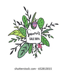 Hello Summer vector illustration, vector background. Calligraphy banner with tropical green leaves. Use for posters, covers, flyers, postcards, banner designs, travel. Sale