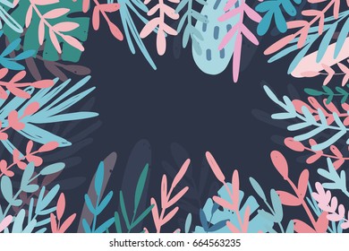 Hello Summer vector illustration, background. Calligraphy banner with tropical green leaves. Use for posters, covers, flyers, postcards, banner designs, travel