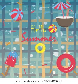 Hello Summer Vector Illustration. Summer banner vector illustration, Pool toys, red rubber ring, ice cream, coconut drink with umbrella, and ball floating in the sea/pool with waves. Colorful Design