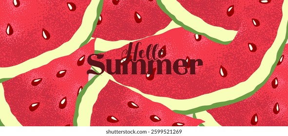 Hello Summer vector illustration banner with abstract tropical fruits watermelons isolated on bright red background. Design for card, poster, website, advertising, invitation, cover, sales