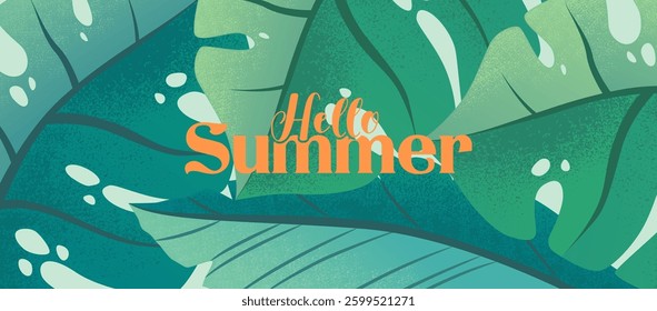 Hello Summer vector illustration banner with abstract tropical plants and leaves isolated on bright green background. Design for card, poster, website, advertising, invitation, cover, sales