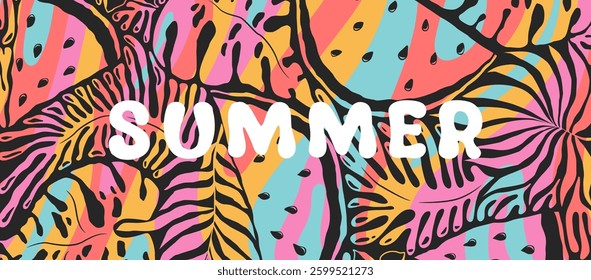 Hello Summer vector illustration banner with colorful abstract tropical plants and watermelons isolated on black background. Design for card, poster, website, advertising, invitation