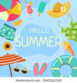 Hello summer. Vector illustration for summer banner, poster, coupon or flyer. Ice cream, sunglasses, cocktail and summer mood.