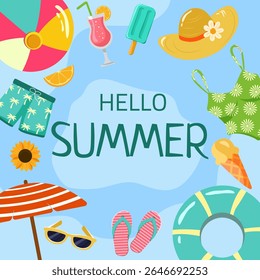 Hello summer. Vector illustration for summer banner, poster, coupon or flyer. Ice cream, sunglasses, cocktail and summer mood