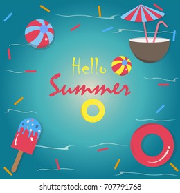 Hello Summer Vector Illustration. Summer banner vector illustration, Pool toys, red rubber ring, ice cream, coconut drink with umbrella, and ball floating in the sea/pool with waves. Colorful Design