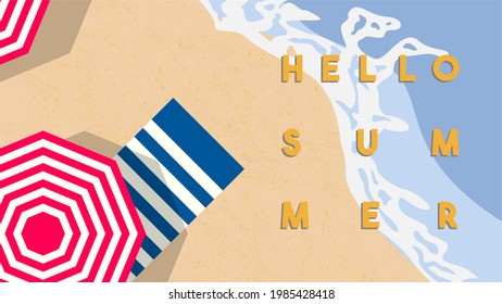 Hello Summer vector illustration. Beach vector illustration. Design of social media, banner, poster, newsletter, advertisements, Sale template, leaflets, placards, brochure, wallpaper, t-shirt, flyer.