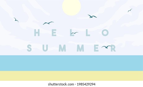 Hello Summer vector illustration. Beach and gull illustration. Design of social media, banner, poster, newsletter, advertisement, Sale template, leaflet, placards, brochure, wallpaper, t-shirt, flyer.