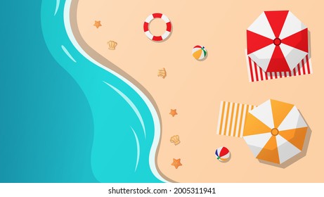 hello summer vector illustration. summer beach, sunbath, summer time, holidays, umbrella, starfish, beach ball, vacation to the beach. top of view. flat design style