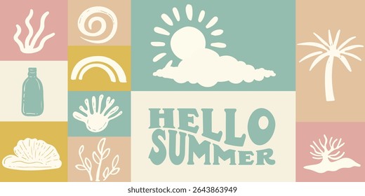 Hello Summer Vector Illustration with Beach Icons