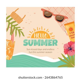 Hello Summer Vector Illustration With Beach Accessories.