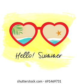 Hello! Summer Vector illustration, Summer beach view inside Heart shaped sunglasses on yellow watercolor background.
