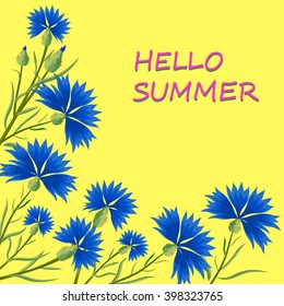 Hello summer. Vector illustration with blue cornflowers on a yellow background and the words.Greeting card, banner, invitation.