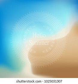 Hello Summer Vector Illustration. Vector blurred beach and ocean for treveling card, and summer background.