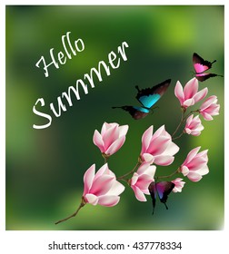 Hello summer. Vector illustration of a branch of magnolia and butterflies