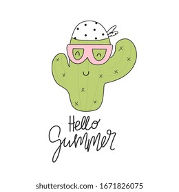 Hello summer vector illustration with cartoon funny cactus in glasses
