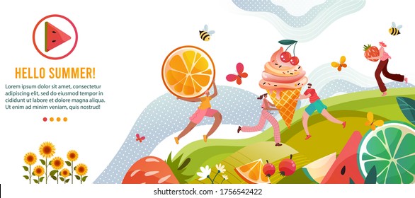 Hello summer vector illustration. Cartoon flat happy tiny people enjoy summer with tasty ice cream, man woman character holding juicy fresh fruits and berries in hands. Summertime concept background