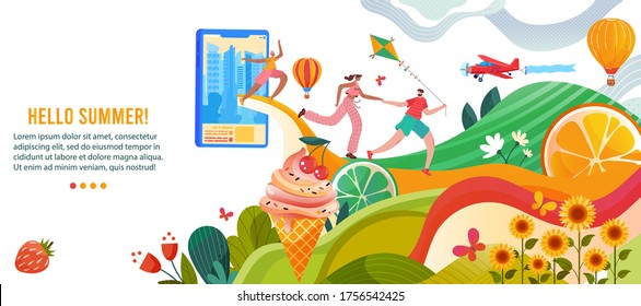 Hello summer vector illustration. Cartoon flat happy people enjoy summer nature, active man woman running with kite in hands to rest and relax in park. Summertime outdoor activity concept background