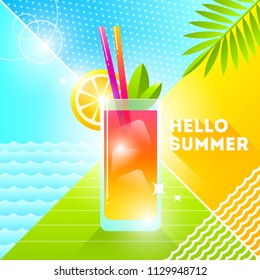 Hola verano - ilustración vectorial. Cristal de cóctel sobre un fondo abstracto. Ilustración de estilo retro de los años 80. Diseño de pisos vacacionales tropicales.