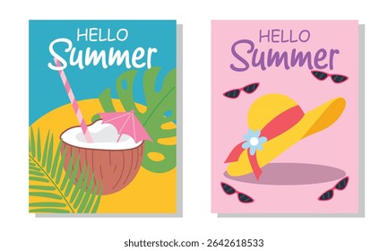 Hello Summer Vector Illustration with Coconut and Hat.