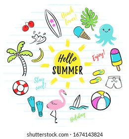 Hello Summer. Vector illustration of colorful funny symbols such as flamingos, ice creams, palm trees, surfboard, slippers, jellyfish, sun, shorts. Set of summer doodles on a white background. 