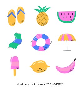 Hola, verano. Ilustración vectorial de coloridos símbolos graciosos en estilo dibujado a mano. Conjunto de doodles de verano sobre un fondo blanco.
