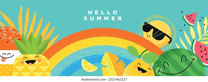 Hola, verano. Concepto de ilustración vectorial para el diseño de sitios web, antecedentes, banner de medios sociales, anuncios de viajes y vacaciones, promoción de ventas, afiche, material de marketing, tarjeta de verano, invitación de fiesta.