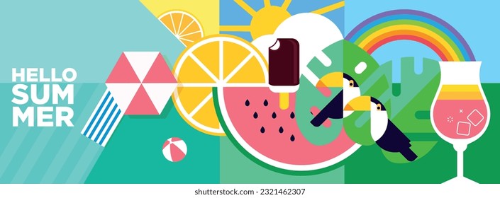 Hello Summer. Vector illustration concept for website design, background, social media banner, travel and holiday ads, sale promotion, poster, marketing material, summer card, party invitation.