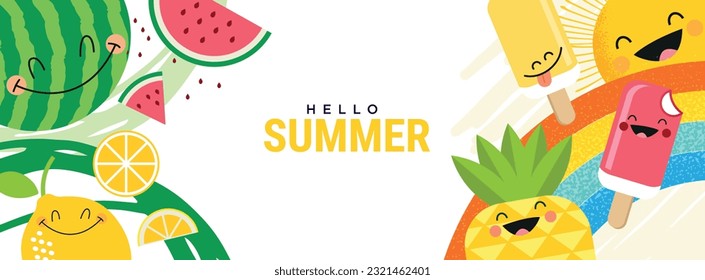 Hallo Sommer. Vektorgrafik-Konzept für Website-Design, Hintergrund, Social-Media-Banner, Reise- und Urlaubswerbung, Verkaufsförderung, Poster, Marketingmaterial, Sommerkarte, Partyeinladung.