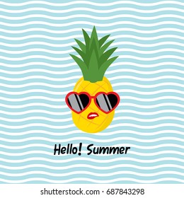 Hello! Summer Vector illustration, Cool pineapple bite lower lip with heart shape sunglasses on blue wave background.