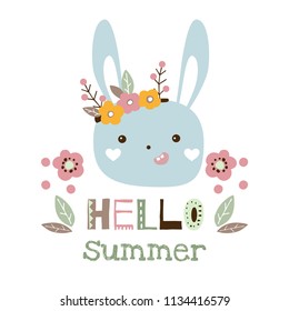 Hello summer vector illustration. Cute bunny nursery vector card