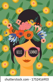 Hello summer. Vector illustration of cute lady in glasses with wreath. Design template for card, poster, flyer, banner and other use