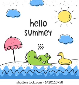 Hello summer. Vector illustration with a dinosaur on the beach and a duck swimming circle. Cartoon style, flat.
