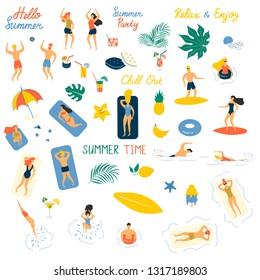 Hello Summer vector illustration. Enjoying people having party, chilling, playing, sunbathing and relaxing near the sea or ocean with tropical leaves, cocktails under umbrella at the beach.