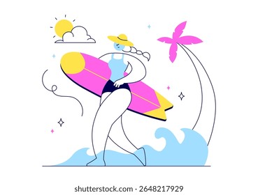 Hello Summer Vector Illustration Featuring the Sea, Beach, Sky, and Tropical Jungle Leaves in a Cute Character Activity Flat Style Cartoon Background